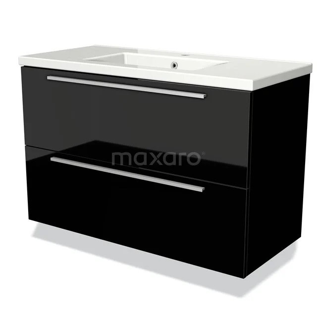 Black glossy bathroom unit with double drawers and white ceramic basin worktop, modern design for a stylish bathroom.