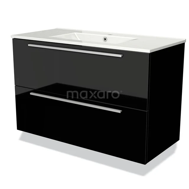 Modulo Waschtische | 100 cm Hochglanz Schwarz Flach front Keramik 2 übereinanderliegende Schubladen BMW17-00576 Schwarzer Badschrank mit Hochglanz-Oberfläche, zwei Schubladen und integriertem Waschbecken; modernes Design geeignet für stilvolle Bäder.