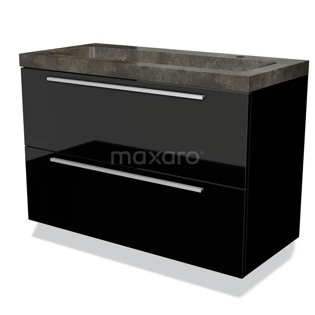 Black glossy bathroom unit with two drawers and natural stone basin, ideal for a modern bathroom.