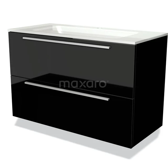 Black high-gloss bathroom unit with two drawers, metal handles and integrated white vanity units with basin made of ceramic.