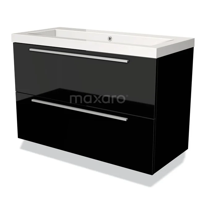 Zwart glanzend badkamermeubel met twee lades, witte wastafel en chromen grepen, modern design van hoogwaardig materiaal.