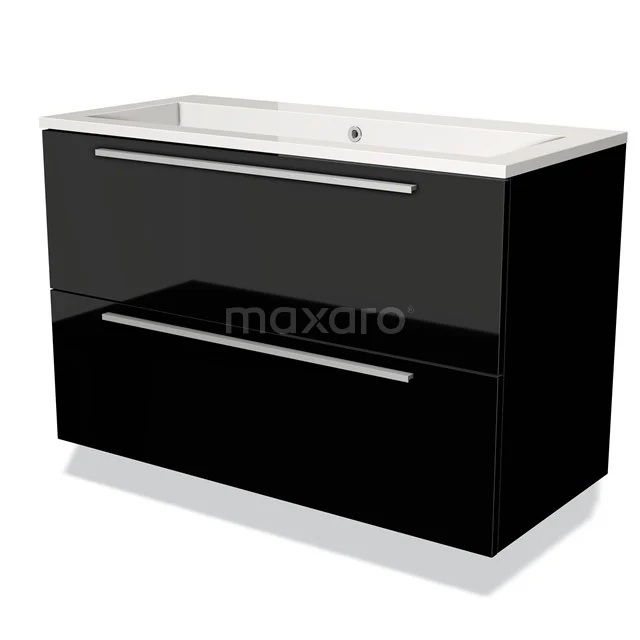 Zwarte badkamerkast met glanzende afwerking, twee lades en ingebouwde witte wastafel; strak en modern design.