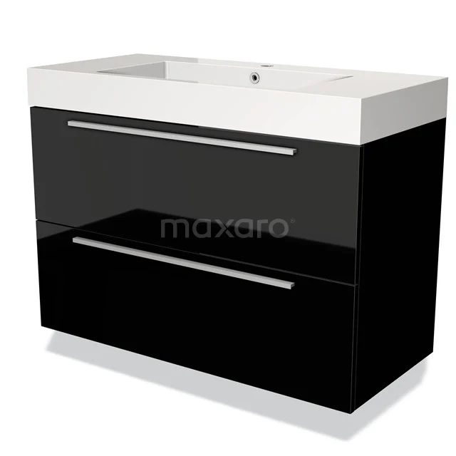 Zwarte badkamerkast met glanzende fronten, twee ruime lades en geïntegreerde wastafel. Modern design voor elke badkamerstijl.