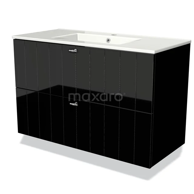 Modulo Vanity units with basin | 100 cm High-gloss black Slat front Ceramic 2 Stacked drawers BMW17-00589 Black glossy bathroom cabinet with built-in white basin, modern design, ideal for stylish and functional bathroom design.