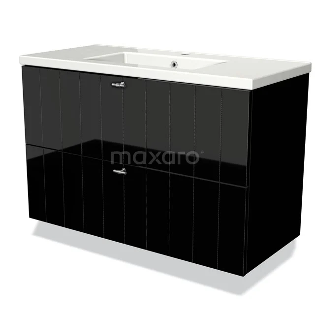 Modulo Vanity units with basin | 100 cm High-gloss black Slat front Ceramic 2 Stacked drawers BMW17-00590 Black bathroom furniture set with glossy finish, double doors and white basin; modern design plastic materials.