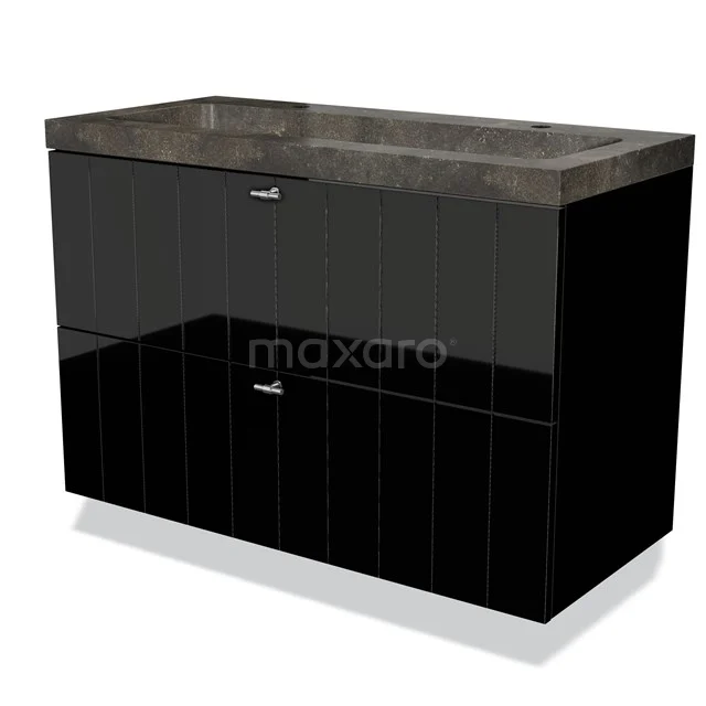 Modulo Badkamermeubel met wastafel | 100 cm Hoogglans zwart Lamel front Natuursteen 2 lades onder elkaar BMW17-00594