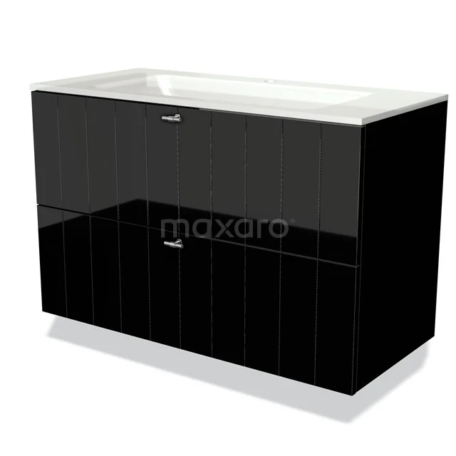 Black shiny bathroom unit with double drawers, white Basin worktop and modern chrome handles, ideal for a stylish bathroom.