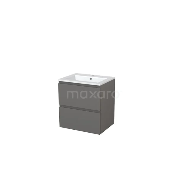 Grey hanging bathroom cabinet with two drawers, white ceramic basin worktop, sleek design; ideal for modern bathrooms.