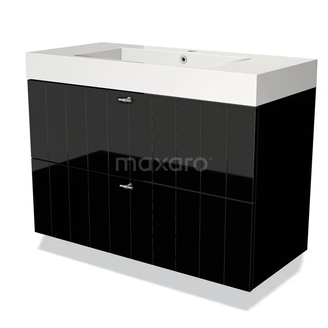 Black bathroom unit with glossy drawers, white ceramic vanity units with basin and modern design, ideal for a stylish bathroom.