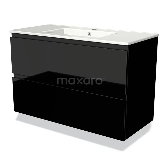 Black bathroom furniture set with high-gloss finish, double drawers and a ceramic basin for a stylish bathroom interior.