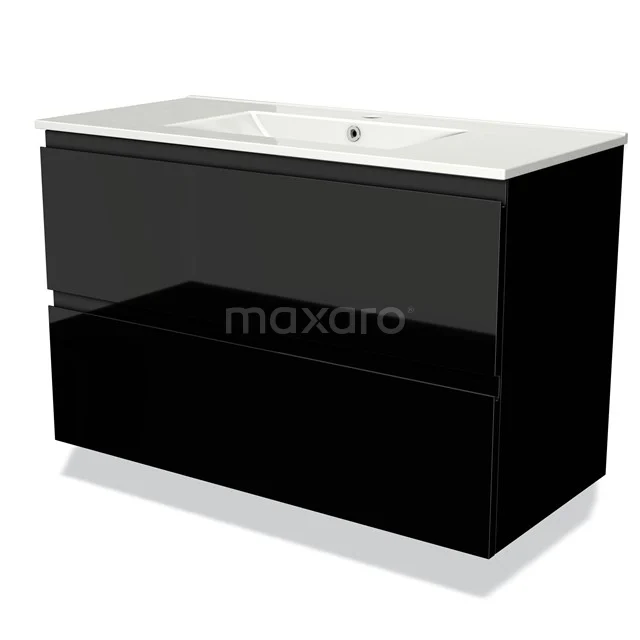 Zwarte hoogglans wastafelonderkast met dubbele lades en wit keramisch wastafelblad, strak design voor moderne badkamers.