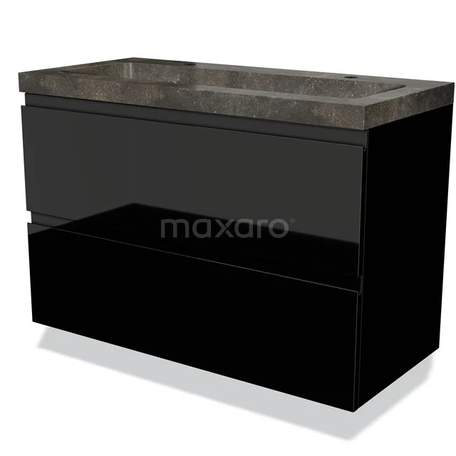 Zwarte badkamermeubel met betonlook wastafel, strak design en twee lades voor praktische opbergruimte.