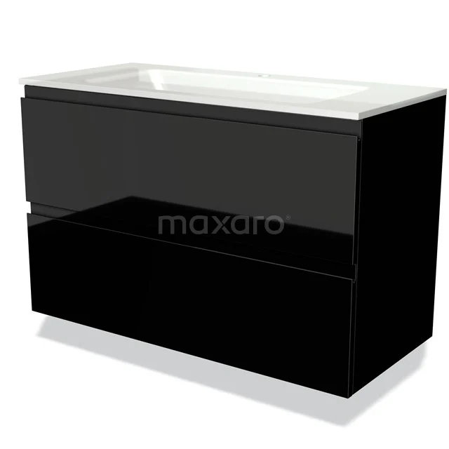 Modulo Vanity units with basin | 100 cm High-gloss black Handle-less front Glass 2 Stacked drawers BMW17-00610 Black glossy bathroom unit with two drawers, white basin worktop, sleek and modern design.