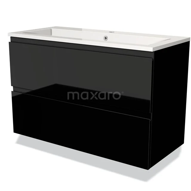 Zwarte glanzende badkamermeubelset met witte wastafel, modern design, twee lades, ideaal voor stijlvolle badkamerinrichting.