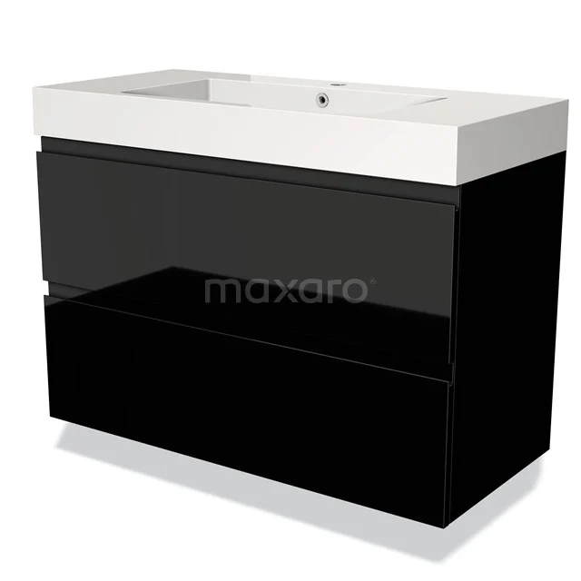 Zwart glanzend badkamermeubel met witte wastafel, strak design, ideale opberger voor een moderne badkamerstijl.