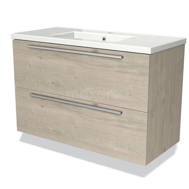 Wooden bathroom unit with two wide drawers, light oak colour, including white vanity units with basin; modern and functional design.