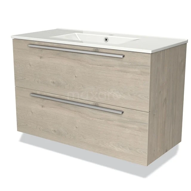 Holz Badezimmermöbel mit zwei Schubladen, heller Holzfarbe, Edelstahl Haltegriffe und integriertes Waschbecken, modernes Design.