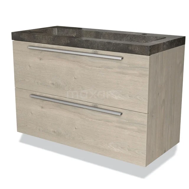 Houten badkamermeubel met twee lades, natuursteen wastafel en metalen grepen, ideaal voor een moderne badkamer.