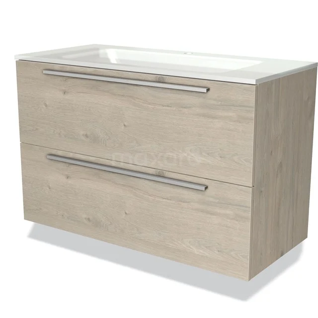 Modulo Bathroom furniture with sink | 100 cm Light grey oak Flat front Glass 2 Stacked drawers BMW17-00625 Wooden bathroom unit with 2 drawers, light oak finish, white ceramic vanity units with basin and sleek handles.