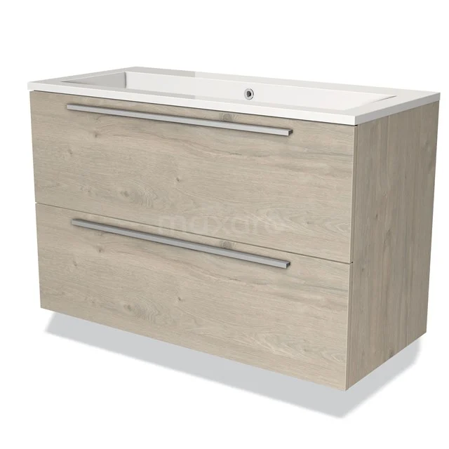 Houten badkamermeubel met twee lades, licht eiken uitstraling, geïntegreerde wasbak en moderne metalen handgrepen.