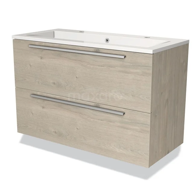 Houten badkamermeubel met twee lades, licht eiken afwerking, witte wastafel en strakke metalen grepen.