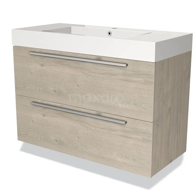 Houten badkamermeubel met 2 lades, wastafel van wit keramiek, modern design, ideaal voor een stijlvolle badkamerruimte.