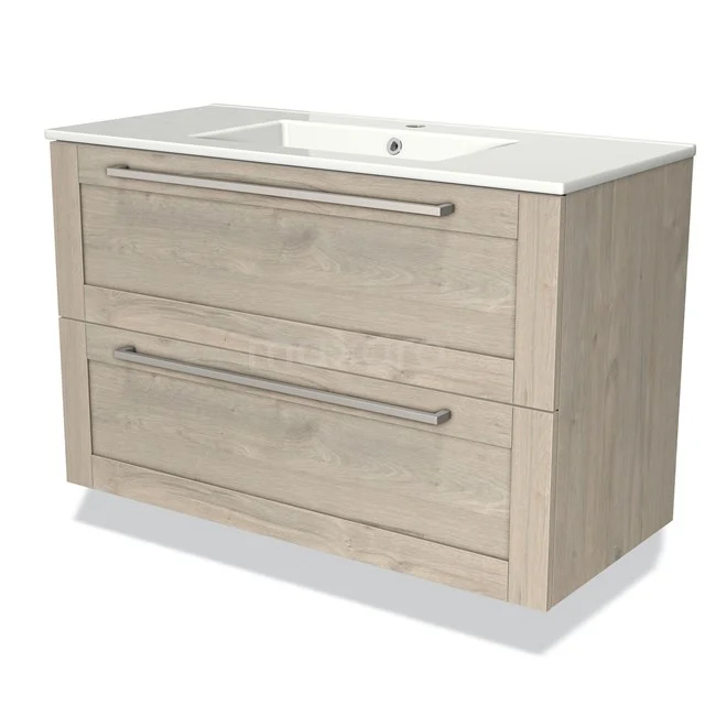 Houten badkamermeubel met wastafel, twee lades en roestvrijstalen handgrepen. Modern design en lichte houtkleur.