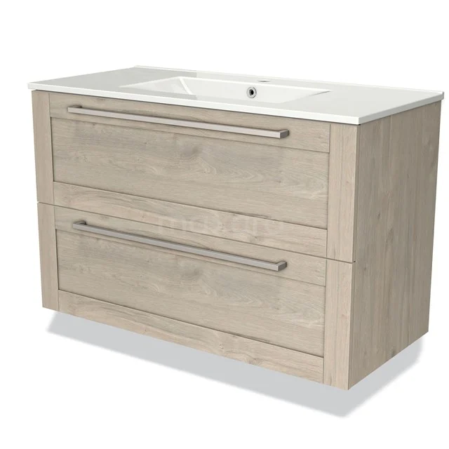 Houten badkamermeubel met twee lades, licht eiken kleur en witte keramische wastafel van de moderne Essenza-serie.