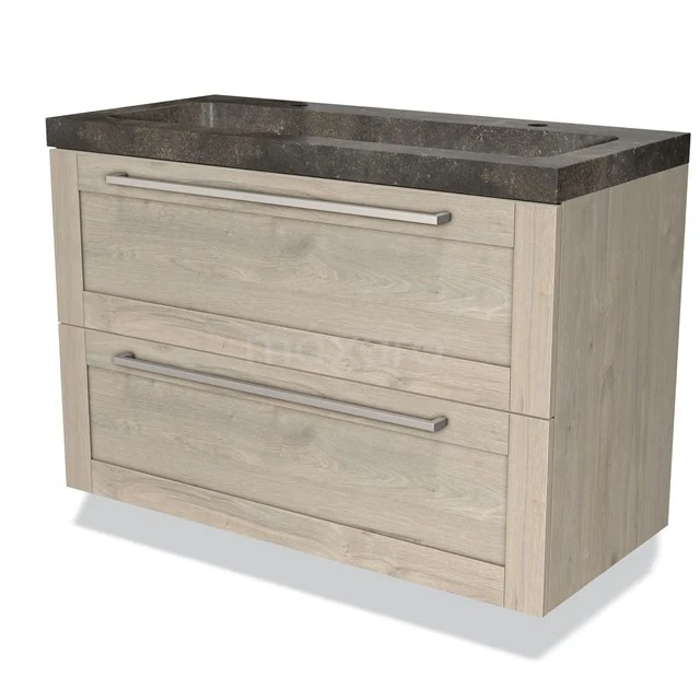 Houten badkamermeubel met stenen wastafel, twee lades en metalen grepen, modern design in lichte eiken afwerking.