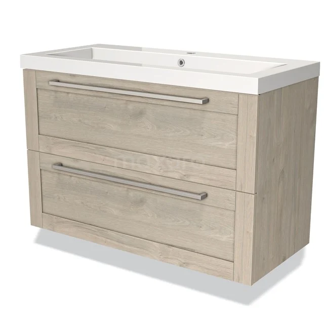 Houten badkamermeubel met twee lades, licht eiken kleur, modern design en metalen handgrepen, inclusief wastafel.