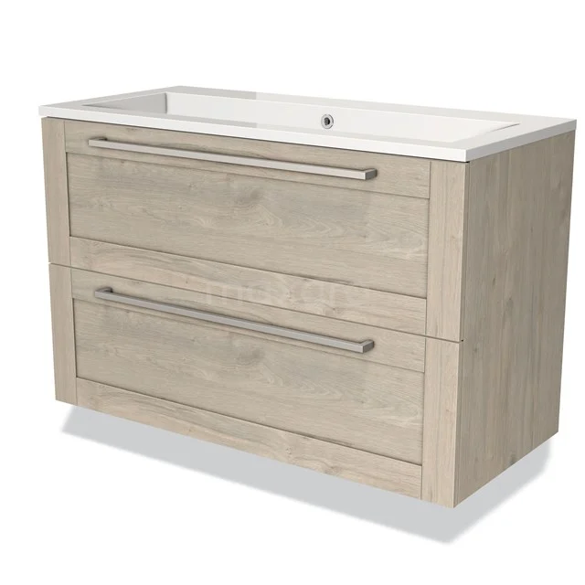 Houten badkamermeubel met twee lades en een witte keramische wastafel, ideaal voor moderne badkamers.