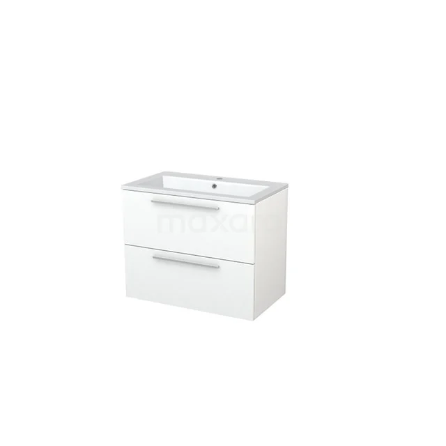 White bathroom unit with two drawers, ceramic vanity units with basin and sleek handles, ideal for modern bathroom design.