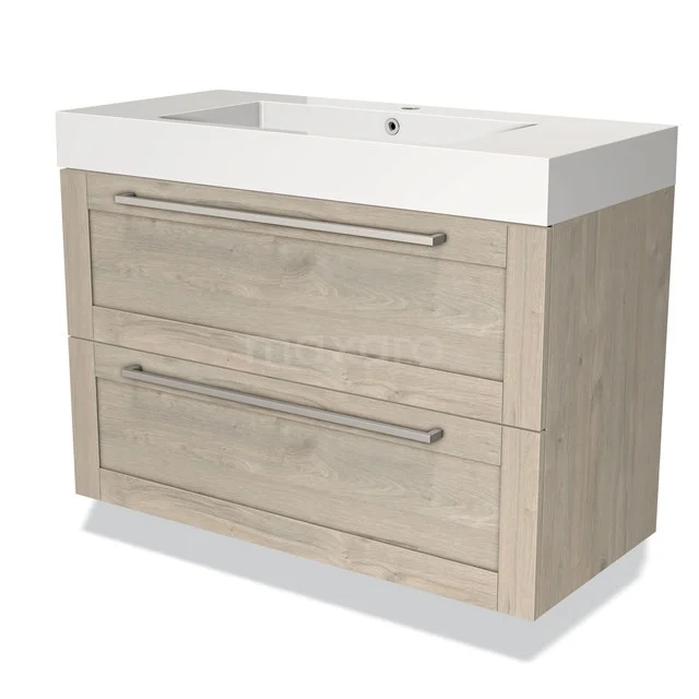 Houten badkamermeubel met twee lades, modern design, licht eiken afwerking en witte wastafel geïntegreerd.