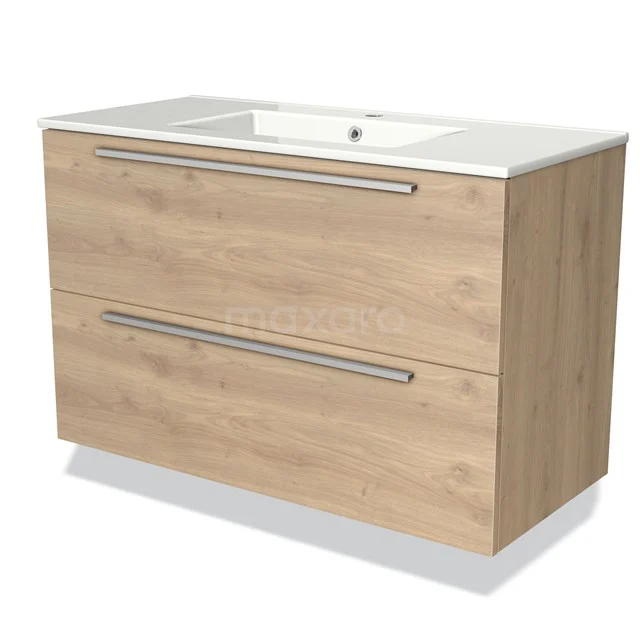 Houten badkamermeubel met twee lades, licht eiken afwerking, en ingebouwde witte keramische wastafel voor een moderne look.
