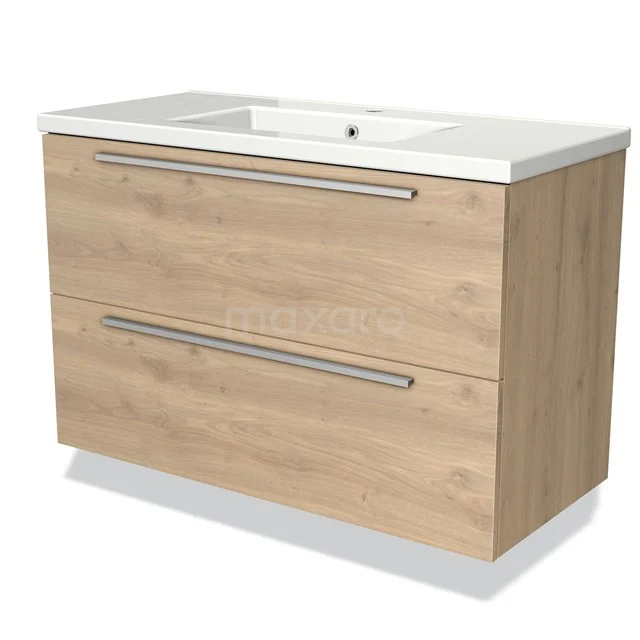 Holz Badezimmermöbel mit zwei Schubladen, modernes Design, beige Eichenoberfläche und integriertes weißes Waschbecken.