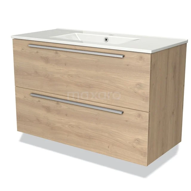 Houten badkamermeubel met twee lades, keramische wastafel en moderne handgrepen, ideaal voor stijlvolle badkamerinrichting.