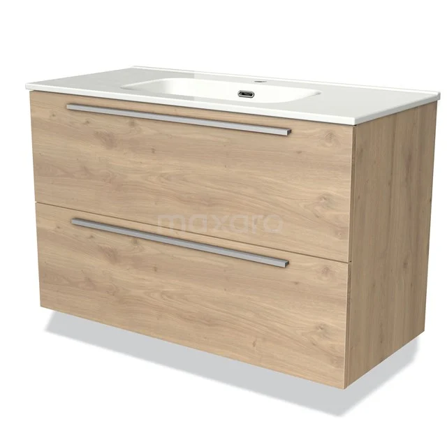 Eichenholz Badmöbel mit weißem Waschbecken, zwei Schubladen und integrierten Haltegriffen, perfekt für ein modernes Badezimmer.