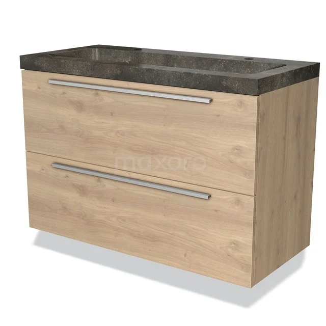 Houten badkamermeubel met wastafel, licht eiken afwerking, donkergrijze bovenkant, en twee brede lades met metalen handgrepen.