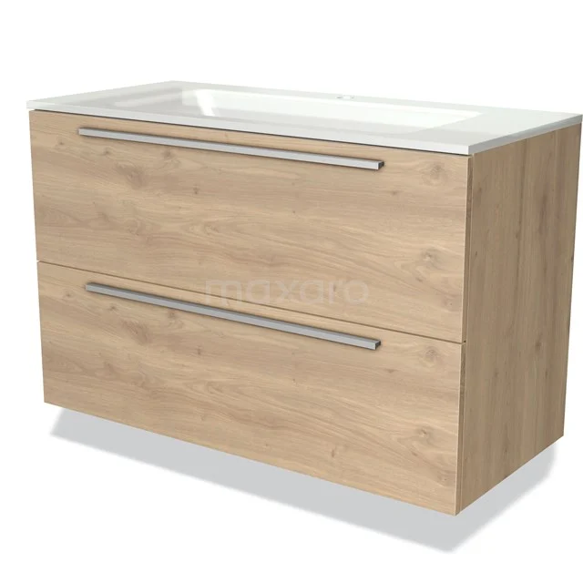Wooden bathroom unit with two drawers, light oak look and modern handles, including white vanity units with basin.