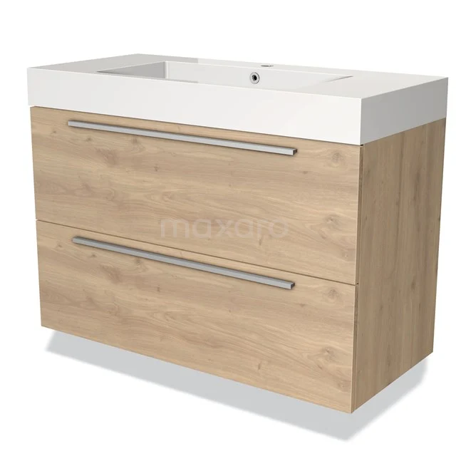 Wooden bathroom unit with white vanity units with basin, two drawers and metal handles, ideal for a modern bathroom style.