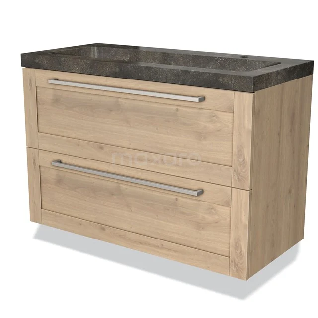 Holz Badezimmermöbel mit zwei Schubladen, Natursteine Waschbecken und metallischen Haltegriffen; moderner Stil für ein stimmungsvolles Badezimmer.