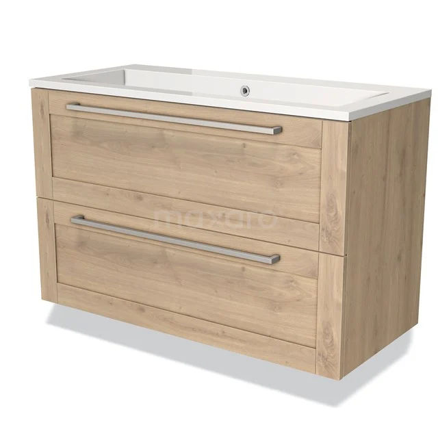 Wooden bathroom unit with 2 drawers, light oak look, metal handles and integrated white vanity units with basin.