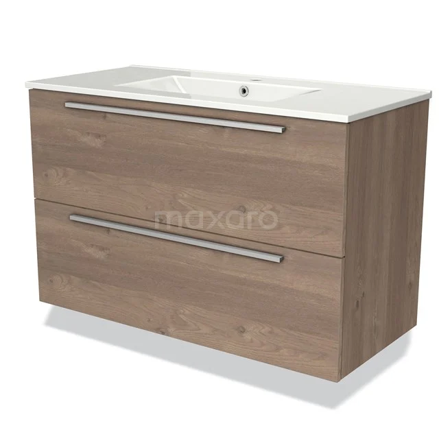 Badkamermeubel 100cm Modulo Middenbruin Eiken 2 lades Vlak Wastafel Keramiek BMW17-00681