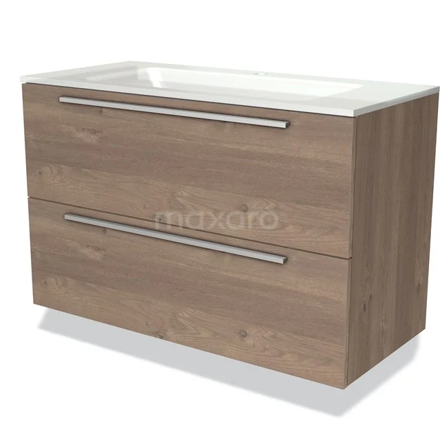 Holz Badezimmermöbel mit zwei Schubladen, natürliche Holzoptik, integriertes Waschbecken, modernes Design mit metallischen Haltegriffen.