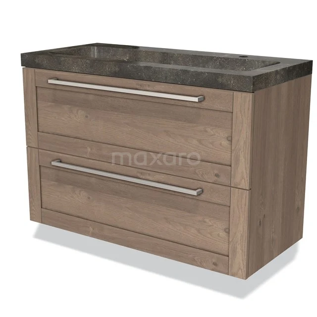 Wooden bathroom unit with two drawers and dark stone vanity units with basin, modern design from natural materials.