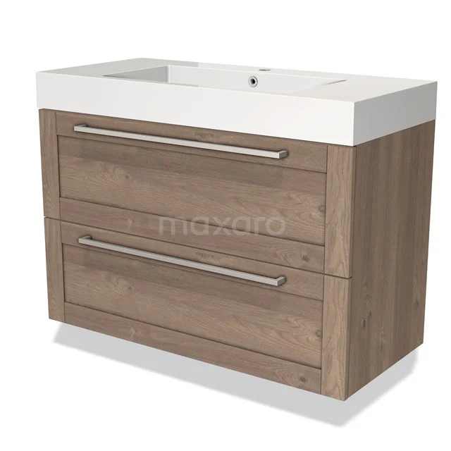 Holz Badezimmermöbel mit weißem Waschbecken, zwei Schubladen und metallischen Haltegriffen; modernes Design, ideal für Badezimmerlagerung.