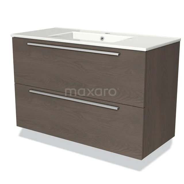 Brown wooden bathroom unit with double drawers and white ceramic vanity units with basin, modern design.