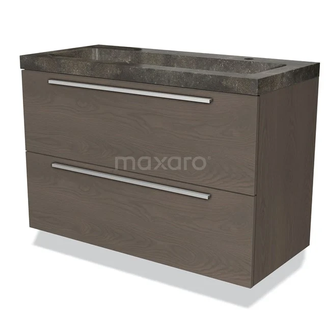 Badmöbel 100cm Modulo dunkelbraune Eiche 2 Schubladen Flaches Waschbecken Naturstein Blaustein BMW17-00714 Badmöbel Holzoptik mit Dunkelgrau Waschtischplatte, 2 Schubladen und schlanken Haltegriffen für modernen Badezimmerstil.