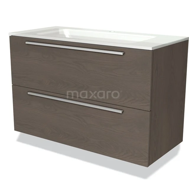 Modulo Bathroom furniture with sink | 100 cm Dark brown oak Flat front Glass 2 Stacked drawers BMW17-00715 Brown wooden bathroom unit with two drawers and white vanity units with basin, modern design, ideal for stylish bathroom storage.