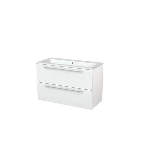 White wall-mounted bathroom unit with two drawers, modern design range and integrated vanity units with basin.